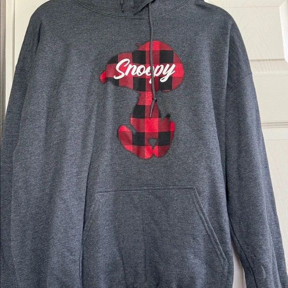 Unisex Peanuts Charcoal Gray Hoodie with Red Plaid Snoopy Graphic - size large - Picture 2 of 4